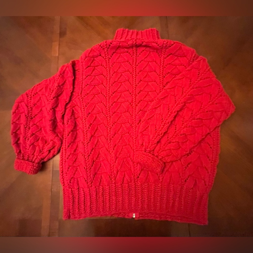 Vintage Chunky Red Braided Cable Knit Zip-Up Cardigan Oversized Cotton - Picture 3 of 5